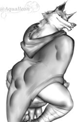 absurd_res anthro aqualleon ass balls_outline bottomless bulge canid canine canis cheek_tuft cloak clothed clothing death_(puss_in_boots) detailed_bulge dreamworks facial_tuft fur furniture fuzzy genital_outline greyscale grin head_tuft hi_res hood leg_wrap leg_wraps looking_at_viewer looking_back male mammal monochrome neck_tuft penis_outline pointy_ears poncho prick_ears puss_in_boots_(franchise) seductive signature simple_background sitting smile solo stool teeth tuft watermark white_background white_body white_fur wolf wrapped_legs wraps