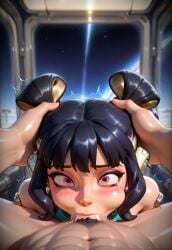 1boy ai_generated bangs bare_shoulders black_hair blush cheek_bulge clothed_female_nude_male cum cum_in_mouth deepthroat fearless_juno fellatio female hair_rings hands_on_another's_head head_grab irrumatio juno_(overwatch) le_sserafim looking_at_viewer male_pubic_hair nude oral overwatch overwatch_2 penis pink_eyes pov pov_crotch pubic_hair shiny solo_focus straight tearing_up tears trembling uncensored