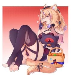 animal_ears bare_shoulders barefoot black_legwear blonde_hair breasts feet female food fruit gloves hair_ornament looking_at_viewer multicolored_hair sitting solo squchan_(vtuber) stirrup_legwear tail thighhighs toeless_legwear vyugen