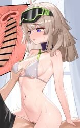 1boy aa-12_(girls'_frontline) absurdres bar_censor bare_shoulders bikini blush bottomless breasts brown_hair censored commentary cum cum_in_pussy english_commentary female girls'_frontline girls'_frontline_2:_exilium goggles goggles_on_head groping heart heart_censor highres internal_cumshot long_hair medium_breasts nabiyan navel open_mouth paid_reward_available purple_eyes pussy pussy_juice sex straight sweat swimsuit white_bikini