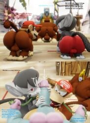 3d 3d_(artwork) 4boys anthro_only ass ass_focus backsack banana banana_in_ass beaver big_penis black_fur blue_skin brown_fur bubble_butt chain_leash chained cum_on_face defeated detailed_background dialogue diddy_kong discarded_weapon donkey_kong donkey_kong_(series) doommusk ejaculation forced_oral furry gay half-closed_eyes instant_loss_2koma lire_(doommusk) male_only monkey nintendo one_dom_two_subs out_of_frame penis penis_through_bottomwear primate red_eyes red_pants text thick_thighs white_skin