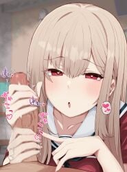 1boy afterimage blush brown_hair censored commentary_request female furen_e_lustario furen_e_lustario_(school_uniform) handjob heart heart-shaped_pupils highres indoors long_hair mosaic_censoring motion_blur motion_lines nijisanji open_mouth penis pov pov_crotch red_eyes red_shirt sailor_collar school_uniform serafuku shirt solo_focus sound_effects spoken_heart symbol-shaped_pupils virtual_youtuber white_sailor_collar yohunokasi