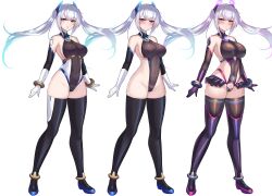 1girls amahara_kuon black_gloves black_thighhighs blue_shoes blush breast_expansion breasts celestia_quartz corruption covered_navel elbow_gloves evil_quartz female female_only full_body gloves highleg highleg_leotard highres kutan large_breasts layered_gloves leotard long_hair magical_girl medium_breasts original pink_shoes pubic_tattoo revealing_clothes shoes showgirl_skirt simple_background skimpy_clothes standing tattoo thighhighs tight_clothing twintails variations white_background white_gloves
