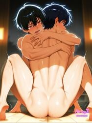 2boys ai_assisted ai_generated artist_name ass barefoot black_hair blush brown_eyes dark_skin flirtzy.ai male_focus multiple_boys nude open_mouth shiny_skin tan tanlines tile_floor tiles wet yaoi