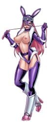 animal_ears ball_gag blue_eyes bodysuit bondage boots breasts cg collar comics_bunny_(hentai_heroes) fake_animal_ears female full_body fur_trim gag garter_straps gloves goggles goggles_on_head green_background heart_pasties helmet hentai_heroes high_heels holding kinkoid large_breasts long_hair looking_at_viewer mask navel nipples official_art open_clothes parody pasties pink_hair purple_gloves rabbit_ears rabbit_tail simple_background smile solo standing tail thighhighs weapon whip