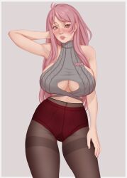 arm_behind_head arm_up black_pantyhose blush blush_lines bnvt boob_window breasts bruneian bruneian_vtuber crop_top elost_vt_(bnvt) female indie_virtual_youtuber indie_vtuber jakkel_draws knitted_crop_top large_breasts long_hair panties_under_pantyhose pantyhose pink_eyes pink_hair red_briefs red_underwear sagging_breasts shy sideboob standing turtleneck underboob underwear virtual_youtuber vtuber