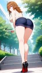 1girls ahoge ai_generated ass ass_focus bare_shoulders beige_open-chest_sweater beige_ribbed_sweater beige_sweater bent_over big_ass big_breasts boosterred99 breasts brown_hair cleavage cleavage_cutout clothing_cutout covered_nipples dark_blue_skirt female female_only from_behind from_behind_position from_below full_body hair_between_eyes heels high_heels high_school_dxd illustrious_(stable_diffusion) large_breasts legs light-skinned_female light_skin medium_hair meme_attire naughty_face outdoors pencil_skirt pony_diffusion_xl purple_eyes reach sleeveless solo street thighs turtleneck venelana_gremory