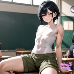 2girls ai_assisted ai_generated bangs bare_shoulders black_hair blurry blurry_background blurry_foreground blush breasts chair chalkboard classroom clock covered_nipples depth_of_field desk ear_piercing earrings eyebrows_visible_through_hair flirtzy.ai focused grin indoors jewelry looking_at_viewer motion_blur multiple_boys multiple_girls nipples on_desk piercing school_desk see-through short_hair shorts sitting sitting_on_desk smile solo_focus stud_earrings table tank_top