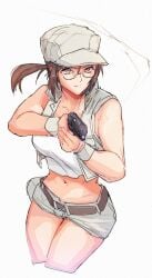 aiming belt crop_top female fio_germi glasses gun hat highres jacket long_hair madsensei metal_slug short_shorts shorts weapon