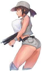bare_shoulders belt black_belt blunt_bangs breasts brown_eyes brown_hair commentary_request crop_top crop_top_overhang cropped_legs female fio_germi from_side glasses grey_hat grey_shorts grey_vest gun hat highres holding holding_gun holding_weapon knee_pads large_breasts long_hair looking_at_viewer madsensei metal_slug midriff open_clothes open_vest ponytail round_eyewear short_shorts shorts sidelocks sideways_glance simple_background solo submachine_gun tank_top thighs two-handed vest weapon white_background white_tank_top wristband