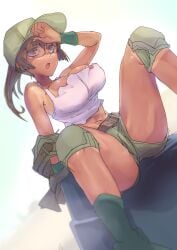 arm_support bare_shoulders belt boots breasts brown_belt brown_eyes brown_hair commentary_request crop_top dutch_angle feet_out_of_frame female fio_germi glasses green_boots green_hat green_shorts green_vest hand_up hat highres knee_pads large_breasts long_hair madsensei metal_slug midriff navel open_mouth ponytail short_shorts shorts sidelocks sitting solo spread_legs tan tank_top thighs unworn_vest vest white_tank_top
