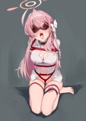 absurdres ahoge arms_behind_back blindfold blue_archive blush bondage bondage bondage bottomless bound breasts collarbone crotch_rope cum cum_in_mouth egg_vibrator female full_body green_eyes hair_ribbon hanako_(blue_archive) highres long_hair looking_at_viewer navel nipple_clamps nipples open_mouth pink_hair qaq_baiguang restrained ribbon saliva sex_toy shibari_over_clothes skindentation soles solo thigh_gap vibrator
