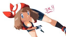 1girls bandana bangs bent_over bike_shorts black_socks blue_eyes blush breasts brown_hair cleavage closed_mouth clothing eyelashes female footwear gloves hanging_breasts headwear large_breasts looking_at_viewer may_(pokemon) pokemon pokemon_(game) pokemon_character pokemon_ruby_sapphire_&_emerald protagonist_(pokemon) red_bandana red_headwear red_shirt rigaeru shirt shoes short_sleeves shorts smile socks solo spats