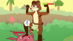 16:9 anthro ballbusting balls being_watched blooky_the_foxxo_deer cherno clothing cock_and_ball_torture deer deer_hybird embarrassed fight fighting_pose genital_torture genitals goo_creature hi_res humiliation impact looking_at_another losing low_blow male male/male mammal pain paws pose saggy_balls slime solo stomping tentacle_slime thong underwear widescreen