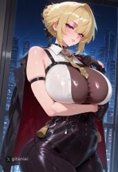 1girls ai_generated big_breasts blonde_hair breasts bun_hair coat collared_shirt evelyn_chevalier female gitaniai gloves high-waist_pants hoyoverse huge_breasts looking_at_viewer necktie night purple_eyes shiny_hair shiny_skin short_hair sleeveless sleeveless_shirt sweat thick_thighs wet zenless_zone_zero zipper zipper_pull_tab