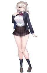 amahara_kuon bare_legs black_socks blazer blush bow bowtie breasts brown_eyes brown_skirt closed_mouth collared_shirt female full_body grey_hair hand_up highres jacket kutan large_breasts loafers long_hair long_sleeves looking_at_viewer miniskirt open_clothes open_jacket original plaid_clothes plaid_skirt pleated_skirt red_bow red_bowtie school_uniform shirt shirt_tucked_in shoes simple_background skirt smile socks solo standing tachi-e thighs transparent_background twintails two_side_up variant_set white_background white_shirt