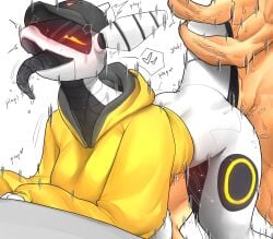 anthro blush breasts clothed clothing doggy_style duo female from_behind_position hat headgear headwear heart_symbol hi_res holding_tail hoodie human male male/female mammal partially_clothed pecco_occeq penetration sex synth_(vader-san) tail tail_hug topwear tozikira_(botanics)