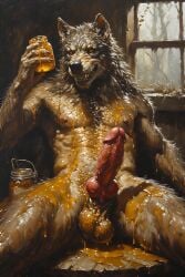 adam360 ai_generated anthro balls canid canine canis erection food frontal furry honey kitchen knot knotted_humanoid_penis male male_only nude penis werewolf wolf