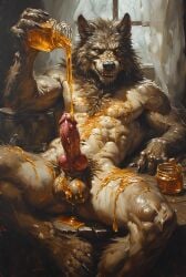 adam360 ai_generated anthro balls canid canine canis erection food frontal furry honey kitchen knot knotted_humanoid_penis male male_only nude penis werewolf wolf