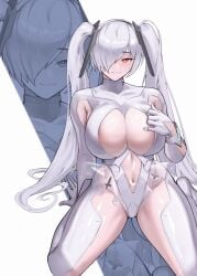 1girls belly_button big_breasts breasts cinderella_(nikke) eye_covered female_only goddess_of_victory:_nikke mostly_clothed pale_skin pulling_clothing red_eyes smug tagme thick_thighs thighs white_hair zukululuu