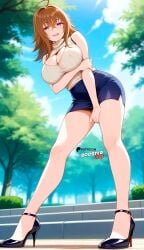 ahoge ai_generated bare_shoulders beige_open-chest_sweater beige_ribbed_sweater beige_sweater bent_over boosterred99 breasts brown_hair cleavage cleavage_cutout clothing_cutout covered_nipples dark_blue_skirt female from_below full_body hair_between_eyes heels high_heels high_school_dxd illustrious_(stable_diffusion) large_breasts legs medium_hair meme_attire naughty_face outdoors pencil_skirt pony_diffusion_xl purple_eyes reach sleeveless street thighs turtleneck venelana_gremory