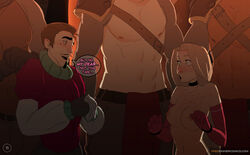 1girls 4boys abs bare_shoulders blonde blonde_hair blush breasts brown_hair choker clothed_male_nude_female clothing comic disney elbow_gloves english english_text facial_hair female freckles gloves green_eyes guard human larger_male long_hair male medium_breasts mole mole_under_eye moustache multiple_boys muscle navel nipples nude pink_gloves princess rapunzel short_hair sillygirl sinner size_difference speech_bubble standing surprised tangled text topless very_long_hair