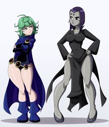 2girls cartoon_network cosplay crossover dc dc_comics dcau eastern_and_western_character female female_only green_hair multiple_girls narrow_shoulders one-punch_man rachel_roth raven_(cosplay) raven_(dc) ravenravenraven tatsumaki tatsumaki_(cosplay) teen_titans thick_thighs thin_arms thin_waist toonami white_background wide_hips