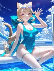 absurd_res adapted_costume ai_generated alternate_costume animal_ear_fluff animal_ears aqua_bow arm_support arm_up bare_arms bare_legs bare_shoulders blonde_hair blue_bow blue_hair blue_one-piece_swimsuit blue_sky blunt_bangs blush bow braid breasts brown_hair casual_one-piece_swimsuit cat_ears cat_girl cat_tail checkered_clothes cleavage cloud cloudy_sky collarbone competition_swimsuit covered_navel day eyewear_on_head facial_mark facial_tattoo feet_out_of_frame female genshin_impact green_bow grin hairbow hand_up heart heart-shaped_eyewear highleg highleg_swimsuit huge_bow impossible_clothes impossible_swimsuit large_breasts legs lens_flare light_brown_hair long_hair looking_at_viewer low_ponytail lynette_(genshin_impact) medium_breasts ministro multicolored_hair ocean one-piece_swimsuit outdoors parted_lips partially_submerged plaid plaid_bow ponytail pool pool_ladder poolside purple_eyes school_swimsuit sidelocks sitting skindentation sky smile soaking_feet solo star_(symbol) star_facial_mark streaked_hair sunglasses swimsuit tail tattoo teeth thigh_strap thighs tinted_eyewear very_long_hair water waving wet wet_clothes wet_swimsuit white-framed_eyewear