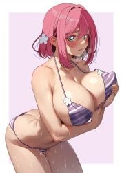 absurdres akihiro0920 arm_under_breasts ass bikini blush breasts butt_crack covered_erect_nipples female flower grabbing_own_breast green_eyes hair_between_eyes hair_flower hair_ornament hanazono_hakari heavy_breathing highres huge_breasts kimi_no_koto_ga_dai_dai_dai_dai_daisuki_na_100-nin_no_kanojo looking_at_viewer medium_hair navel pink_hair purple_bikini sideboob solo steam striped_bikini striped_clothes sweat swimsuit thighs