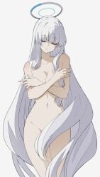 1girls absurdres bare_arms blue_archive breasts closed_eyes convenient_censoring crossed_arms curvy feet_out_of_frame female hair_censor halo head_tilt highres large_breasts long_hair navel noa_(blue_archive) nude reia_76 simple_background solo standing very_long_hair white_background white_hair white_halo