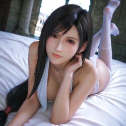 1girls 3d_model 3d_render ai_generated beautiful bed black_hair clothed female final_fantasy final_fantasy_vii_remake long_socks looking_at_viewer red_eyes tifa_lockhart white_legwear white_lingerie