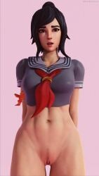 3d 3d_(artwork) abs belly black_hair bottomless darkbahamuth female fortnite pinup pubes robot robot_girl school_uniform schoolgirl teenage_girl teenager tsuki_(fortnite) tummy