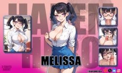 1boy 1girls ai_art ai_generated big_breasts blowjob casting_couch cum cum_in_pussy cum_inside cum_on_breasts cum_on_face english_text fellatio full_nelson harem harem_hero_oc leg_lift melissa_(haremhero) missionary_position nipples original_character paizuri penis pov pussy sideways_standing_congress text the_harem_hero titjob vaginal_penetration