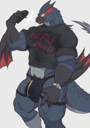 abs absurd_res anthro beak biceps black_body black_clothing black_fur black_jockstrap black_topwear black_underwear bodily_fluids body_hair bulge capcom clock clothing flying_wyvern fur hi_res jockstrap male monster_hunter muscular muscular_anthro muscular_male nargacuga pubes shirt simple_background solo standing sweat tail text topwear tphone underwear watch white_background wings yellow_eyes zipper