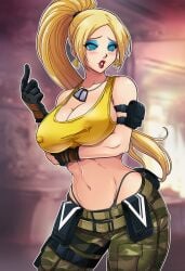 ai_generated bimbo blonde_hair blue_eyeshadow fatal_fury feminization hypnosis king_of_fighters leona_heidern_(cosplay) mascara red_lipstick rule_63 snk terry_bogard
