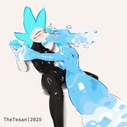 absurd_res anthro anthro_on_anthro black_body blue_body blue_ears blue_fingers blue_fur blush bodily_fluids breasts closed_eyes darkner deltarune duo elemental_creature felid feline female female/female floating_hands fur genitals hand_holding heart_symbol hi_res humanoid_genitalia interspecies kissing looking_pleasured machine mammal miss_mizzle mizzle_(deltarune) nude pussy robot shaded simple_background sitting tasque_manager tears tears_of_pleasure thetesan undertale_(series) vulva water water_creature watermark wet wet_body white_background white_face