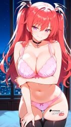 ai_generated black_thighhighs boosterred99 bra collar firika_mia_shatana illustrious_(stable_diffusion) large_breasts long_hair navel nukidoki! pink_bra pink_panties pony_diffusion_xl purple_eyes red_hair seductive_smile thick_thighs thighs twintails underwear