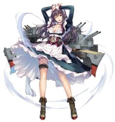 apron arms_up azur_lane black_background black_hair blue_eyes blush boots breasts cannon cg choker cleavage curacoa_(azur_lane) dress female frills full_body high_heels jewelry juliet_sleeves large_breasts long_hair long_sleeves looking_at_viewer machinery maid maid_apron maid_headdress medium_breasts official_art one_eye_closed open_mouth puffy_sleeves rigging simple_background smile solo standing thigh_strap tongue transparent_background turret