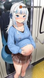 aged_up ai_generated alternate_breast_size big_belly blue_eyes blue_hair blue_nails blue_sweater blunt_bangs blush breasts brown_skirt cleavage closed_mouth collarbone covered_nipples cum cum_in_pussy cum_on_body cum_on_breasts cum_on_clothes cum_on_legs cumdrip female fins fish_tail gawr_gura grey_hair hair_ornament hair_ribbon hands_on_own_stomach hololive hololive_english hololive_myth inflation inflation lactation_through_clothes large_breasts long_hair long_sleeves looking_at_viewer medium_breasts meitabuu multicolored_hair multiple_boys nail_polish navel nipples people plaid plaid_skirt pleated_skirt pregnant public_indecency ribbon see-through shark_girl shark_tail skirt smile socks solo_focus standing streaked_hair sweater tail train_interior two-tone_hair virtual_youtuber