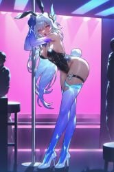 2boys absurd_res ai_generated alternate_costume animal_ears arms_up ass bare_shoulders bent_over black_leotard blue_gloves blue_hair blue_thighhighs blush breasts butterfly_hair_ornament cleavage covered_navel dancing dark-skinned_female dark_skin detached_collar detached_sleeves earrings elbow_gloves fake_animal_ears fake_tail female from_side full_body genshin_impact gloves gradient_legwear grey_hair hair_between_eyes hair_ornament high_heels highleg highleg_leotard holding_pole indoors jewelry large_breasts leaning_forward legs leotard long_hair long_legs looking_at_viewer makeup medium_breasts ministro multiple_boys open_mouth pink_eyes playboy_bunny pole pole_dancing purple_eyes rabbit_ears rabbit_tail red_eyes side-tie_leotard sideboob sidelocks skindentation skirk_(genshin_impact) solo solo_focus stage stage_lights standing stiletto_heels strapless strapless_leotard stripper stripper_pole sweat tail thick_thighs thigh_strap thighhighs thighs tongue tongue_out very_long_hair watson_cross white_footwear white_hair