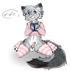 1:1 2025 animal_genitalia anthro balls bent_legs blue_eyes blush book bottomless bottomless_anthro bottomless_male claws clothed clothing cropped_sweater digital_media_(artwork) digitigrade dipstick_ears dipstick_fingers dipstick_tail domestic_cat ear_markings egyptian_mau erection eyewear felid feline felis femboy footwear fur genitals glasses grey_body hair hi_res kitafoxi kneeling kneeling_on_ground leg_warmers legwear looking_at_viewer male mammal markings midriff multicolored_ears navel nixuelle pattern_clothing pattern_legwear penile_spines penis pink_clothing pink_nose pink_stripes pink_sweater pink_topwear reading reading_book sheath simple_background smile socks solo spots spotted_markings stockings striped_clothing striped_legwear stripes sweater tail tail_markings thigh_highs thigh_socks topwear