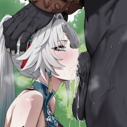 ai_generated blowjob cum_in_mouth cum_inside dark-skinned_male feixiao_(honkai:_star_rail) genshin_impact hand_on_head honkai:_star_rail truck_kun