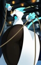 2025 4_fingers 5:8 absurd_res askart ass blue_tail breasts deltarune digital_media_(artwork) disembodied_hand female fingers genitals hi_res inside low-angle_view pussy rear_view solo tail tasque tasque_manager undertale_(series) vulva white_body yellow_eyes