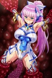 absurdres armpits bare_shoulders blue_eyes blunt_bangs blush bow breasts clenched_teeth covered_navel covered_nipples elbow_gloves element_venus female glaring gloves hairbow high_ponytail highleg highleg_leotard highres horns imminent_penetration imminent_rape impossible_clothes impossible_leotard kisaragi_nozomi large_breasts leotard long_hair looking_at_viewer magical_girl pink_hair ponytail rape restrained shinsou_seiki_elementia shiny_skin sirano skin_tight skirt slime_(substance) solo spread_legs sweat teeth tentacle thighhighs white_gloves white_leotard white_thighhighs