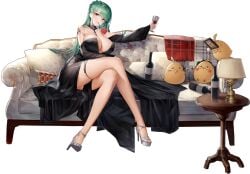 alcohol alternate_costume alternate_hairstyle arm_support azur_lane bare_legs bare_shoulders black_dress black_footwear blush bottle braid breasts cg choker cleavage couch crossed_legs cup detached_sleeves dress drinking_glass earrings female flower full_body gown green_hair hair_between_eyes hair_flower hair_ornament halterneck high_heels holding holding_cup huge_breasts indoors jewelry lamp large_breasts legs lipstick littorio_(azur_lane) littorio_(calabria_aurea)_(azur_lane) long_dress long_hair looking_at_viewer manjuu_(azur_lane) mole mole_on_breast nail_polish official_alternate_costume official_art on_couch parted_lips pillow red_eyes red_flower red_rose rose side_slit sidelocks sitting skindentation smile solo strapless strapless_dress thigh_strap thighs transparent_background very_long_hair wine wine_bottle wine_glass