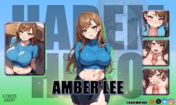 1boy 1girls ai_art ai_generated amber_lee_(haremhero) big_breasts blowjob breasts casting_couch cum cum_in_pussy cum_inside cum_on_breasts cum_on_face english_text fellatio female full_nelson harem harem_hero_oc leg_lift male missionary_position nipples original_character paizuri penis pov pussy sideways_standing_congress text the_harem_hero titjob vaginal_penetration