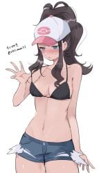artist_name bare_shoulders baseball_cap bikini bikini_top_only black_bikini blue_eyes breasts brown_hair cleavage denim denim_shorts exposed_pocket female hat high_ponytail highres hilda_(pokemon) long_hair medium_breasts navel no_shirt open_mouth pokemon pokemon_bw ponytail ririmon short_shorts shorts sidelocks solo stomach strap_pull swimsuit twitter_username