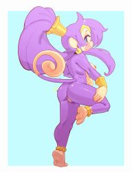 5_fingers 5_toes absurd_res ankle_cuffs anthro big_ears blush breasts crown cuff_(restraint) ear_piercing ear_ring feet female fingers fur genitals hair haplorhine headgear heart_symbol hi_res looking_back mammal monkey nalu_chaaan nipples nude on_one_leg piercing ponytail primate purple_body purple_fur restraints ring_piercing shantae_(monkey_form) shantae_(series) solo standing tail tiara toes vulva wayforward