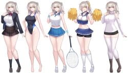 amahara_kuon armband barefoot black_shorts black_socks blazer blue_skirt blush boots bow bowtie breasts brown_boots brown_skirt cheerleader clothing_cutout competition_swimsuit covered_navel crop_top crop_top_overhang female highres holding holding_pom_poms jacket kutan large_breasts long_sleeves microskirt midriff navel one-piece_swimsuit one_eye_closed original pom_pom_(cheerleading) ponytail racket red_bow red_bowtie school_uniform shirt shoes short_shorts shorts shoulder_cutout simple_background skirt sneakers socks sportswear sweater swimsuit tennis_racket tennis_uniform thighhighs variant_set variations white_background white_shirt white_shoes white_socks white_sweater white_thighhighs