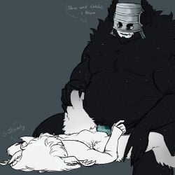 belly_bulge black_fur claws english_text fur head_wings horns oc roblox_oc robloxian self_upload size_difference speech_bubble vaginal_fluids vaginal_penetration vaginal_penetration vaginal_sex white_hair white_skin